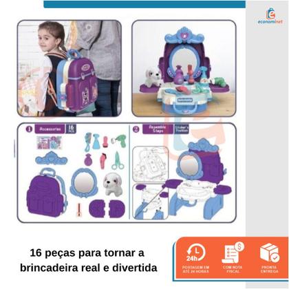 Imagem de Kit Penteadeira Banho e Tosa Pet Brinquedo Infantil 2 em 1 Vira Mochila Interativo Criança Cuidar Animais Pet
