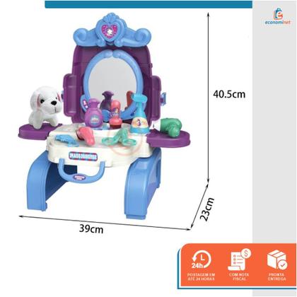 Imagem de Kit Penteadeira Banho e Tosa Pet Brinquedo Infantil 2 em 1 Vira Mochila Interativo Criança Cuidar Animais Pet