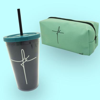 Imagem de Kit Personalizado Copo C/ Canudo 500ml e Necessaire Frase Fé