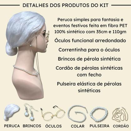 Imagem de Kit peruca vovozinha idosa coque óculos brincos branca