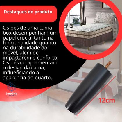 Imagem de Kit Pes Cama Box 7 Peças Pezinho Madeira Maciça 12cm Casal  Universal Parafusos