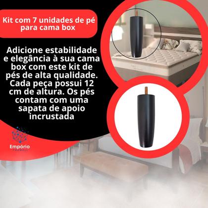 Imagem de Kit Pes Cama Box 7 Peças Pezinho Madeira Maciça 12cm Casal  Universal Parafusos
