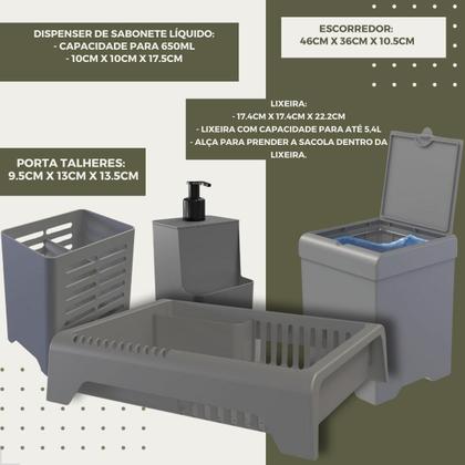 Imagem de Kit Pia Cozinha Escorredor Lixeira Porta Talher Dispenser Sabão Líquido