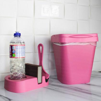 Imagem de Kit Pia Lixeira 4,8L Porta Detergente Com 3 Divisórias e Rodo de Pia Rosa Elegance