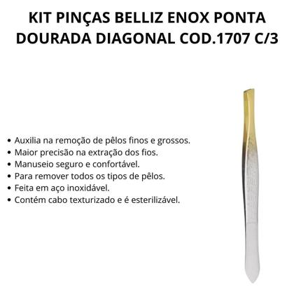 Imagem de Kit Pinças Belliz Enox Ponta Dourada Diagonal Cod.1707 C/3