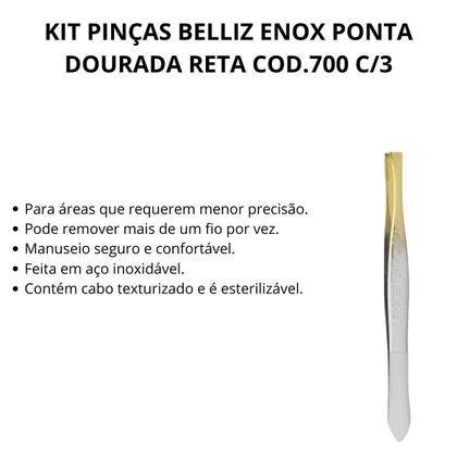 Kit Pinças Belliz Enox Ponta Dourada Reta Cod.700 C/3 - BELLIZ COMPANY Imagem de Kit Pinças Belliz Enox Ponta Dourada Reta Cod.700 C/3