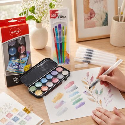 Imagem de Kit Pintura Aquarela Artitisca Metalica Perolizada com 12 Cores Pincel Aqua