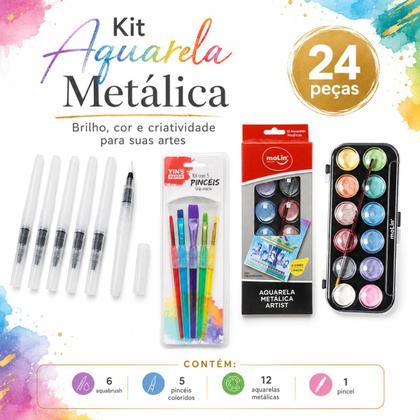 Imagem de Kit Pintura Aquarela Artitisca Metalica Perolizada com 12 Cores Pincel Aqua