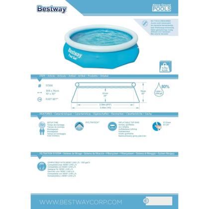 Imagem de Kit Piscina Inflável Bestway Fast Set 3.800 Litros Azul Com Bomba De Ar Manual Blow Com 3 Bicos Adaptadores Nautika