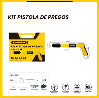 Imagem de Kit Pistola De Pino Fixação 4 Níveis Ajustável Drywal Gesso Com Maleta