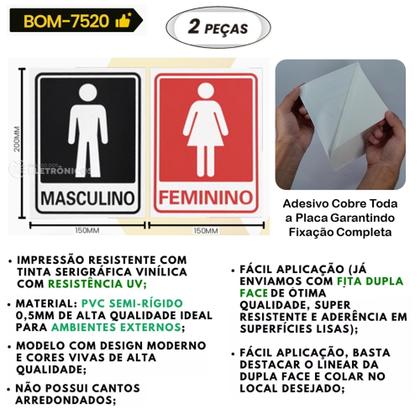Imagem de Kit Placas Banheiro Masculino e Feminino 20x15cm em PVC com Adesivo Uso Interno/Externo BOM7520