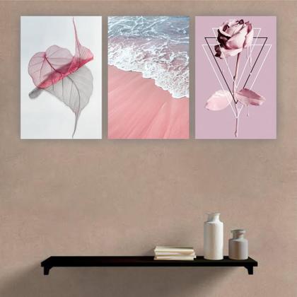 Imagem de Kit Placas Quadros Decorativos 3 Pçs 60X40 Floral Praia Rosa