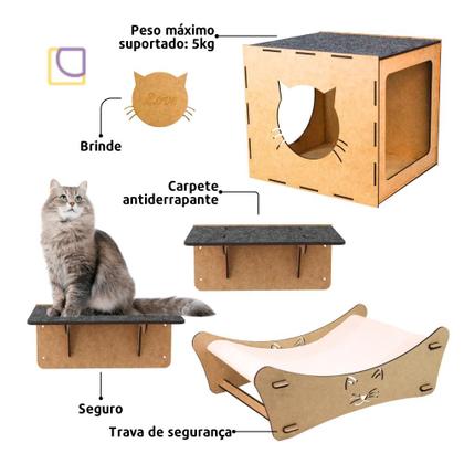 Imagem de Kit Playground 4 pçs P/ Gato Prateleira Cama Nicho em Mdf