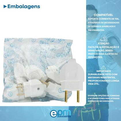 Imagem de Kit Plugue Pino Macho Maciço 2p 10A + Tomada Fêmea 2p 10A Branco