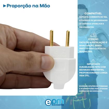 Imagem de Kit Plugue Pino Macho Maciço 2p 10A + Tomada Fêmea 2p 10A Branco