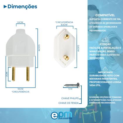 Imagem de Kit Plugue Pino Macho Maciço 2p 10A + Tomada Fêmea 2p 10A Branco