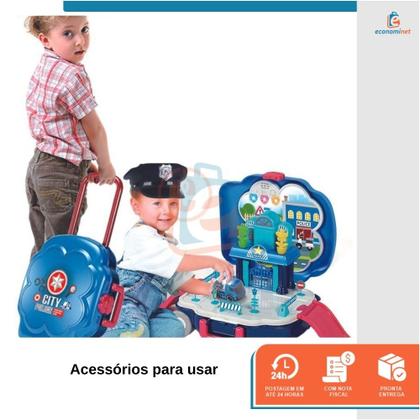 Imagem de Kit Policial Policia Faz de Conta Brinquedo Infantil 2 em 1 Maleta Mochila Bancada Interativo Som Luz Profissão Menino