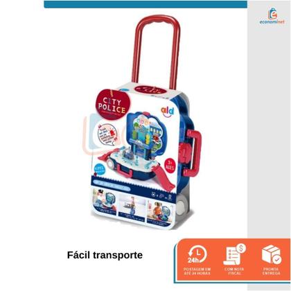 Imagem de Kit Policial Policia Faz de Conta Brinquedo Infantil 2 em 1 Maleta Mochila Bancada Interativo Som Luz Profissão Menino