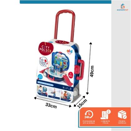 Imagem de Kit Policial Policia Faz de Conta Brinquedo Infantil 2 em 1 Maleta Mochila Bancada Interativo Som Luz Profissão Menino