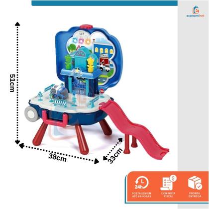 Imagem de Kit Policial Policia Faz de Conta Brinquedo Infantil 2 em 1 Maleta Mochila Bancada Interativo Som Luz Profissão Menino