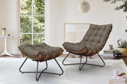 Imagem de Kit Poltrona Decorativa Costela e Puff Eva Preto Mad -Marrom