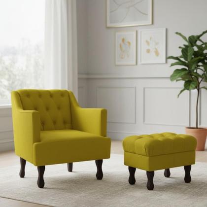 Imagem de Kit Poltrona Decorativa Julia + Puff Luis Xv Couro Amarelo Pés Madeira Mz Decor