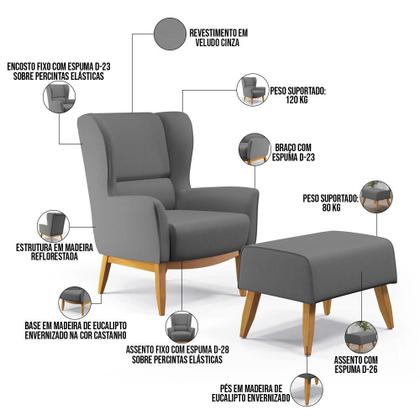 Imagem de Kit Poltrona Decorativa Milena D02 com Puff Viseo Veludo Cinza C-317 - Lyam Decor