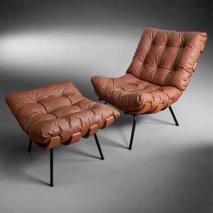 Imagem de Kit Poltrona e Puff Costela Base Fixa material sintético Caramelo- Straso Móveis