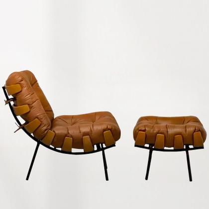 Imagem de Kit Poltrona e Puff Costela Base Fixa Sintético Caramelo- Straso Móveis