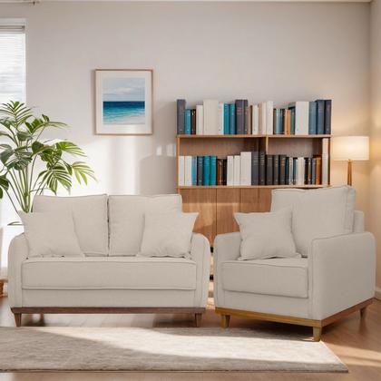 Imagem de Kit Poltrona e Sofa Sena 2 Lugar Base de Madeira para Sala Hotel Linho Palha