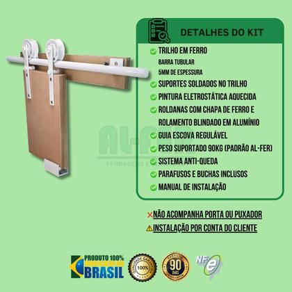 Imagem de Kit Porta Até 90cm Celeiro Rústico Branco Roldana Aparente Trilho Tubular 1,80m (SEM A PORTA)