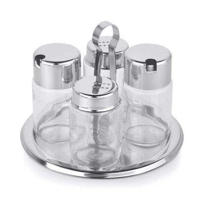 Imagem de Kit Porta Azeite Inox Vidro Galheteiro Redondo 5 Peças Forma