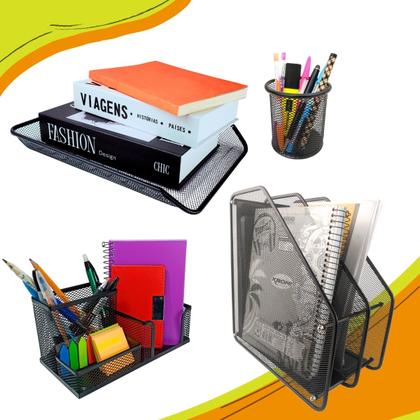 Imagem de Kit Porta Caneta Bandeja Organizadora Arquivo Duplo Organizador de Mesa Escritório Preto