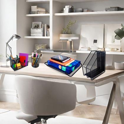 Imagem de Kit Porta Caneta Bandeja Organizadora Arquivo Duplo Organizador de Mesa Escritório Preto
