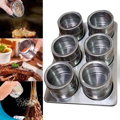 Imagem de Kit Porta Condimentos Inox 6 Potes Base Organizadora Cozinha Moderna Entrega Ágil
