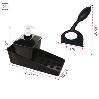 Imagem de Kit Porta Detergente Suporte Esponja Sabão Cozinha Preto com rodinho