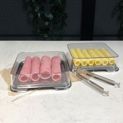 Imagem de Kit Porta Frios Quadrado Com Pegador Duplo Aço Inox Acrílico