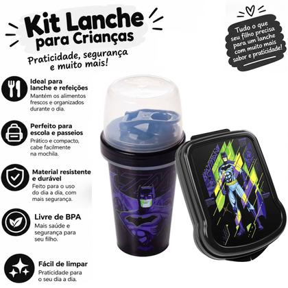 Imagem de Kit Porta Lanche Copo Shakeira 320ml Batman Escola Infantil