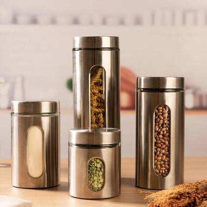 Imagem de Kit Porta Mantimentos Inox com Visor de Vidro 4 Potes Organizadores para Cozinha e Despensa