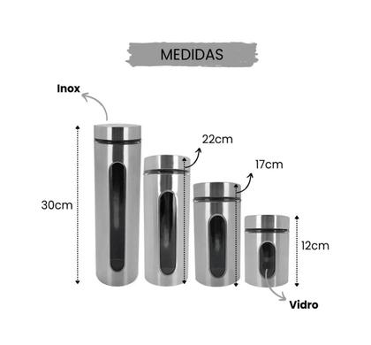 Imagem de Kit Porta Mantimentos Inox com Visor de Vidro 4 Potes Organizadores para Cozinha e Despensa