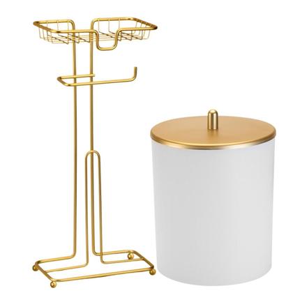 Imagem de Kit Porta Papel 3 Rolos Apoio Celular Lixeira Redonda 5 Litros Branco E Dourado Banheiro Lavabo