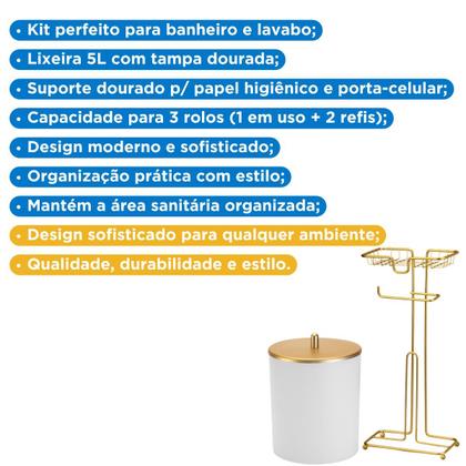 Imagem de Kit Porta Papel 3 Rolos Apoio Celular Lixeira Redonda 5 Litros Branco E Dourado Banheiro Lavabo