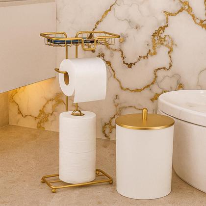 Imagem de Kit Porta Papel 3 Rolos Apoio Celular Lixeira Redonda 5 Litros Branco E Dourado Banheiro Lavabo
