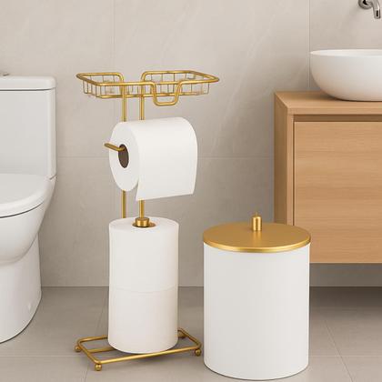 Imagem de Kit Porta Papel 3 Rolos Apoio Celular Lixeira Redonda 5 Litros Branco E Dourado Banheiro Lavabo