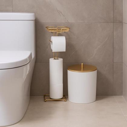 Imagem de Kit Porta Papel 3 Rolos Apoio Celular Lixeira Redonda 5 Litros Branco E Dourado Banheiro Lavabo