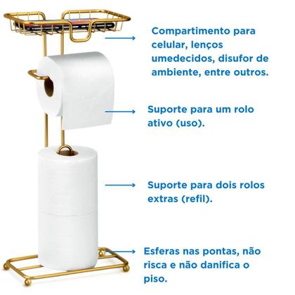 Imagem de Kit Porta Papel 3 Rolos Apoio Celular Lixeira Redonda 5 Litros Branco E Dourado Banheiro Lavabo