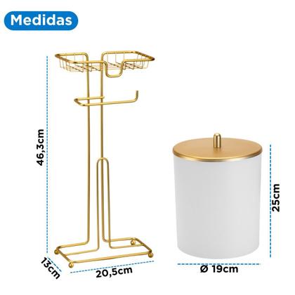 Imagem de Kit Porta Papel 3 Rolos Apoio Celular Lixeira Redonda 5 Litros Branco E Dourado Banheiro Lavabo