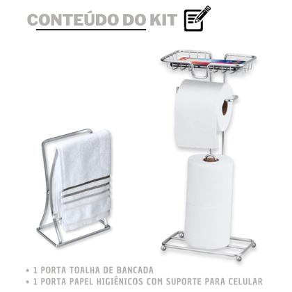 Imagem de Kit Porta Papel Higiênico 3 rolos Porta Toalhas Balcão Prata