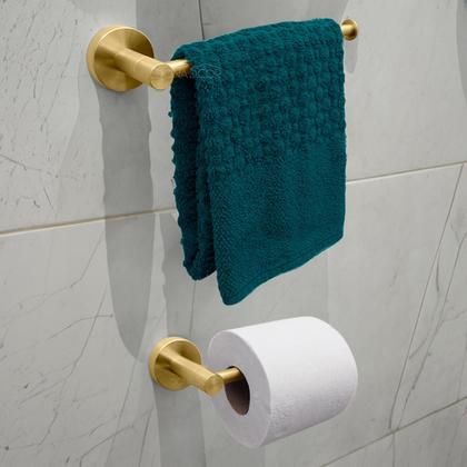 Imagem de Kit Porta Papel Higiênico E Toalha Rosto Inox Dourado Escovado Acessórios Para Parede Banheiro Toalheiro Reto Papeleira