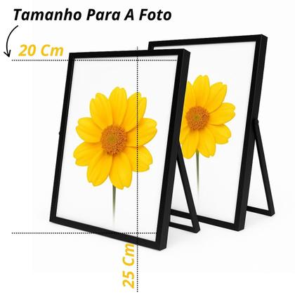 Imagem de Kit Porta Retrato De Metal Com Vidro Luxo Preto Grande 20x25 Cm Espelhado Vidro